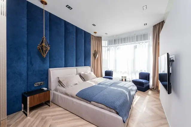 navy blue and yellow bedroom